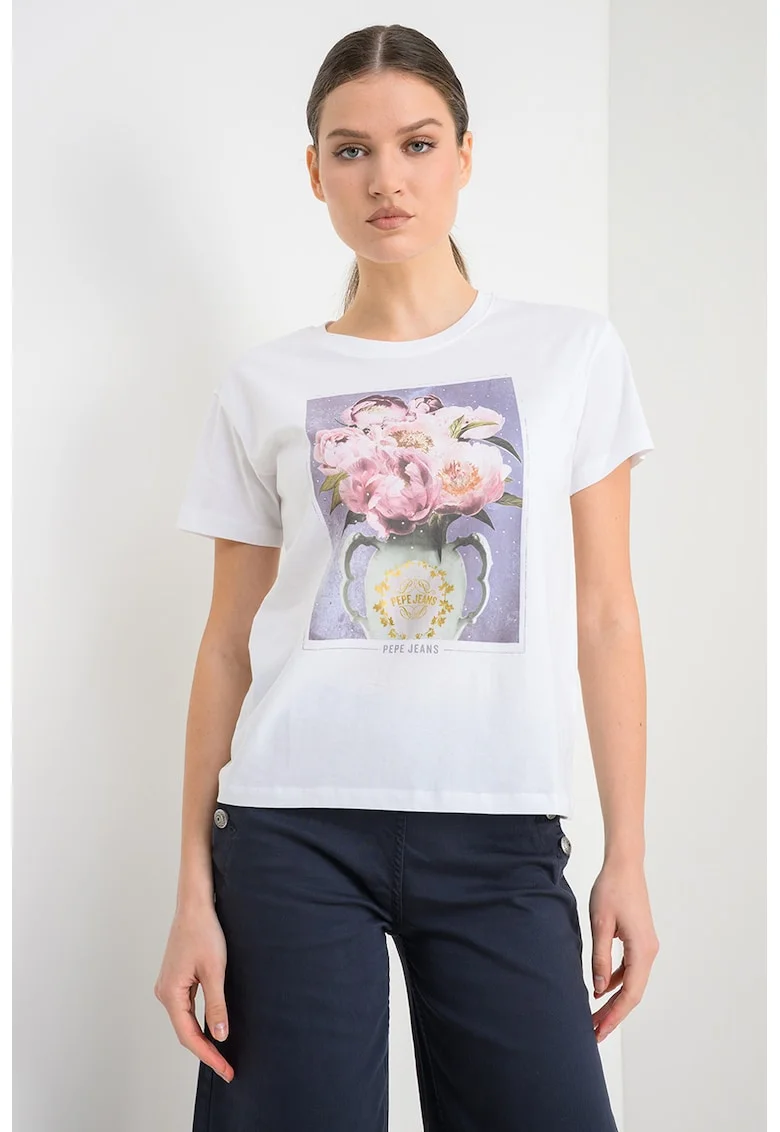 Tricou din bumbac cu imprimeu floral Magina, Alb/Verde feriga