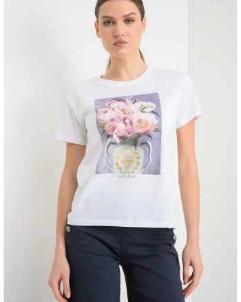 Tricou din bumbac cu imprimeu floral Magina, Alb/Verde feriga