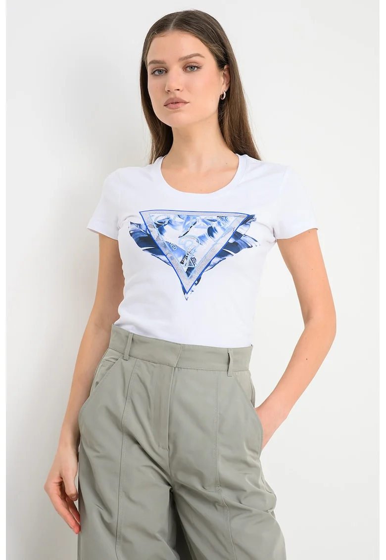 Tricou slim fit cu logo, Alb optic/Albastru