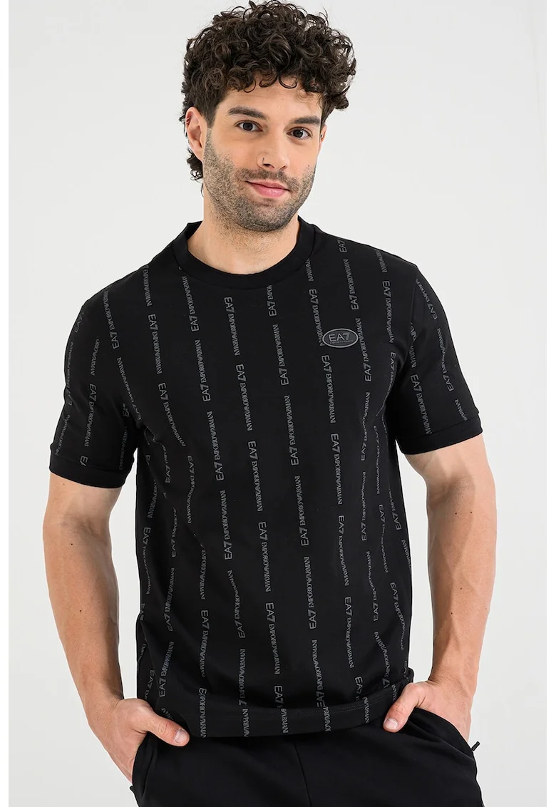 Tricou din bumbac cu model monograma, Negru/Gri inchis