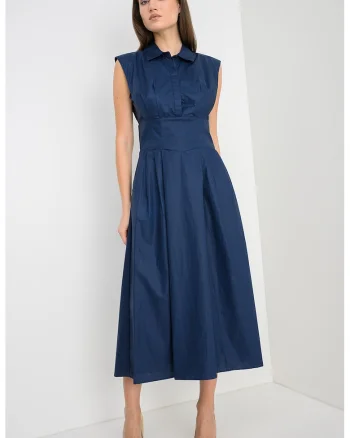 Rochie evazata din bumbac cu model uni, Bleumarin