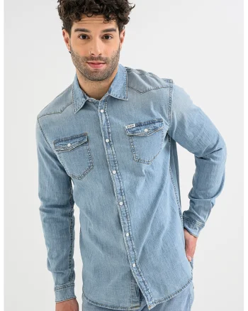 Camasa din denim cu buzunare pe piept, Albastru deschis