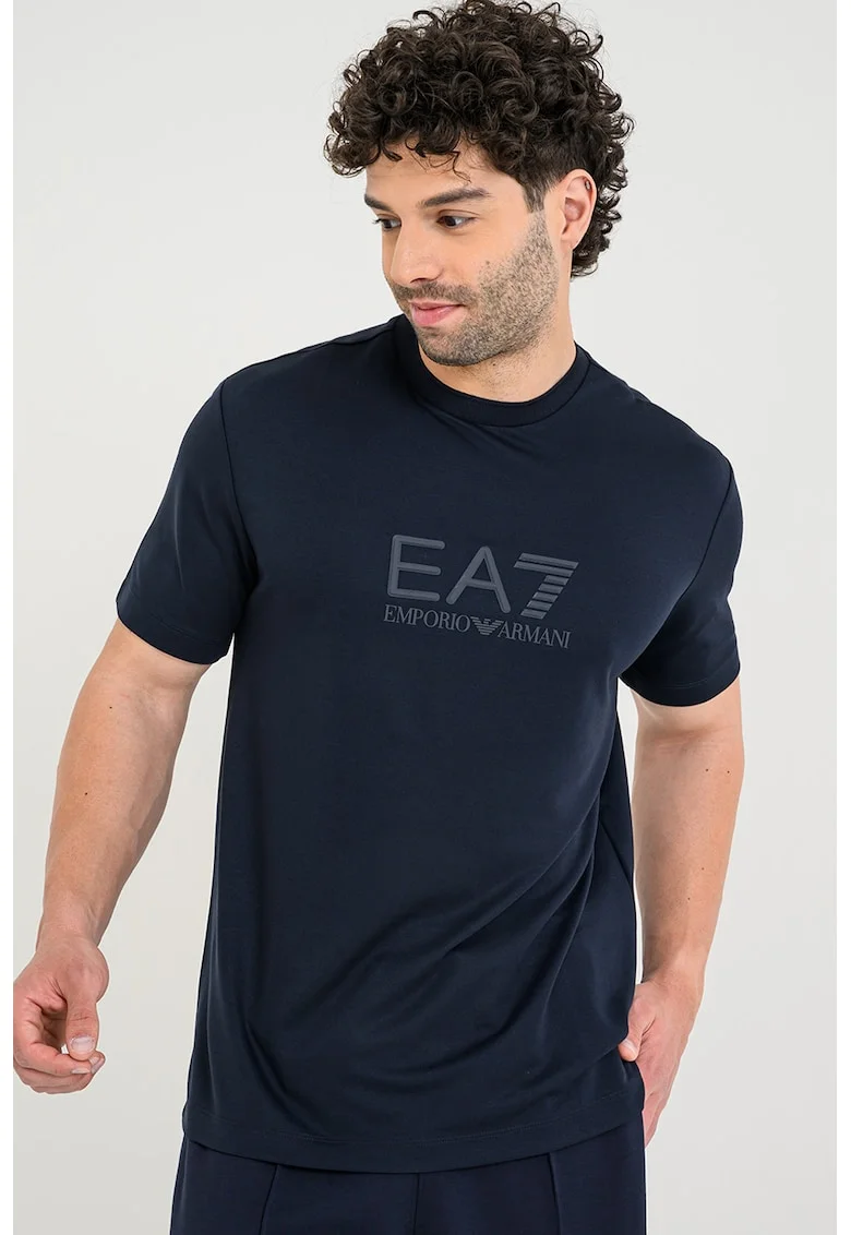 Tricou din amestec de modal cu imprimeu logo, Albastru ultramarin