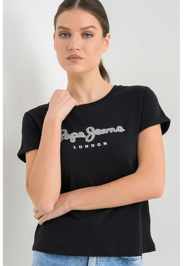 Tricou din bumbac cu broderie Nadda, Alb/Negru