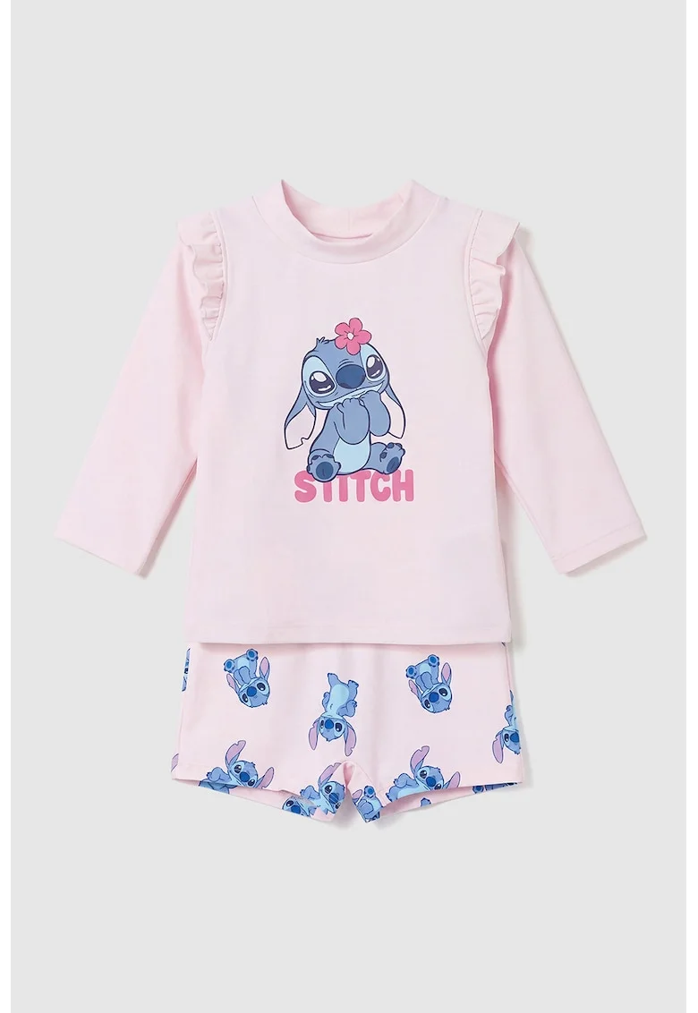 Costum de baie cu doua piese si imprimeu Stitch, Roz pastel/Albastru