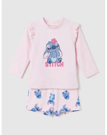 Costum de baie cu doua piese si imprimeu Stitch, Roz pastel/Albastru