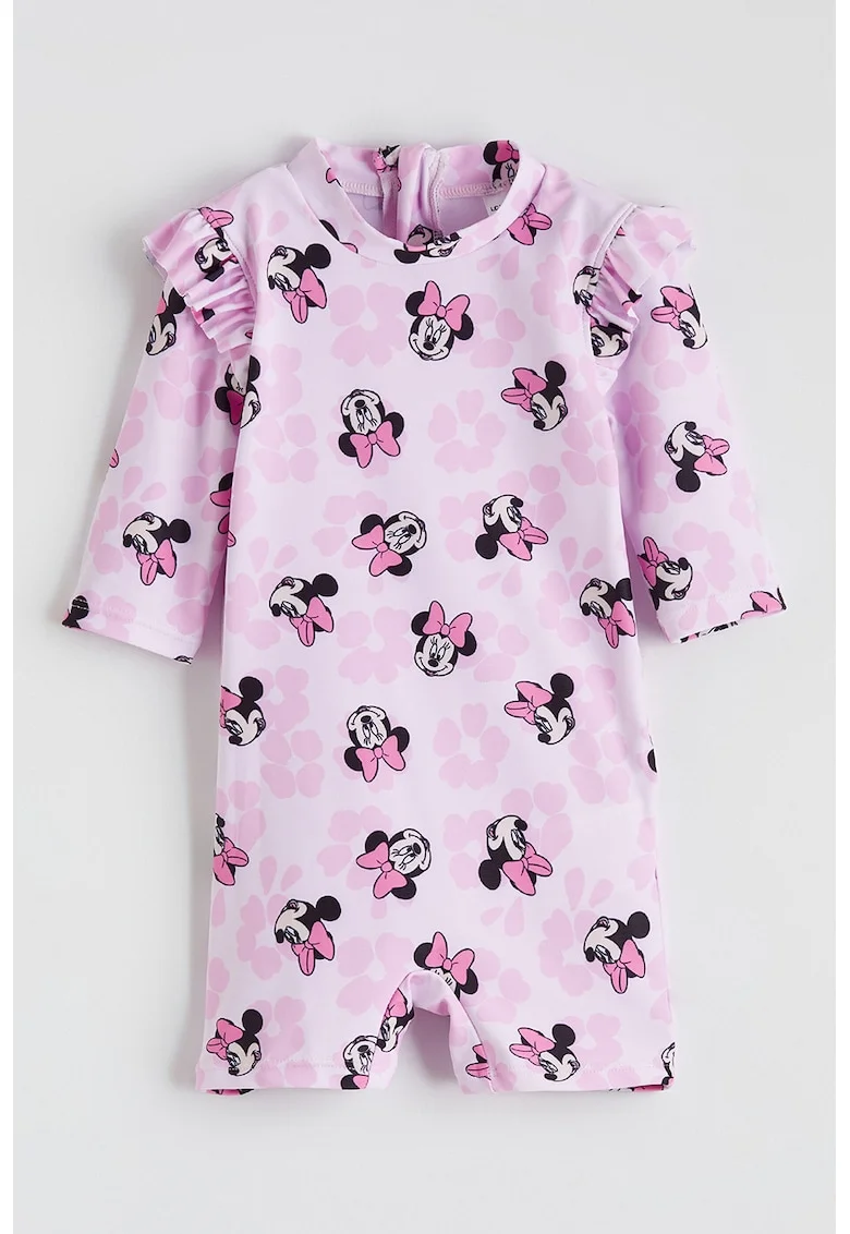 Costum de baie cu model Minnie Mouse si volane, Roz pastel