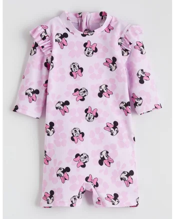 Costum de baie cu model Minnie Mouse si volane, Roz pastel