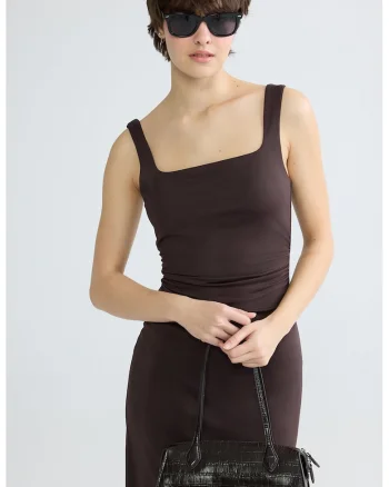 Rochie midi cu decolteu patrat, Maro inchis