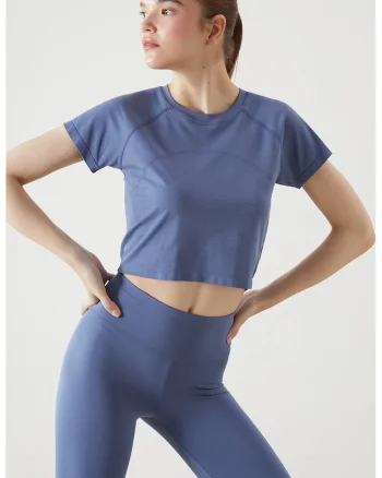 Tricou crop cu decolteu la baza gatului, Albastru prafuit