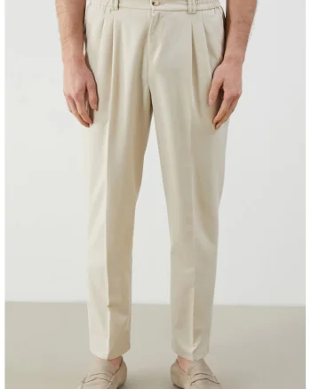 Pantaloni eleganti regular fit cu pliuri inversate frontale, Crem