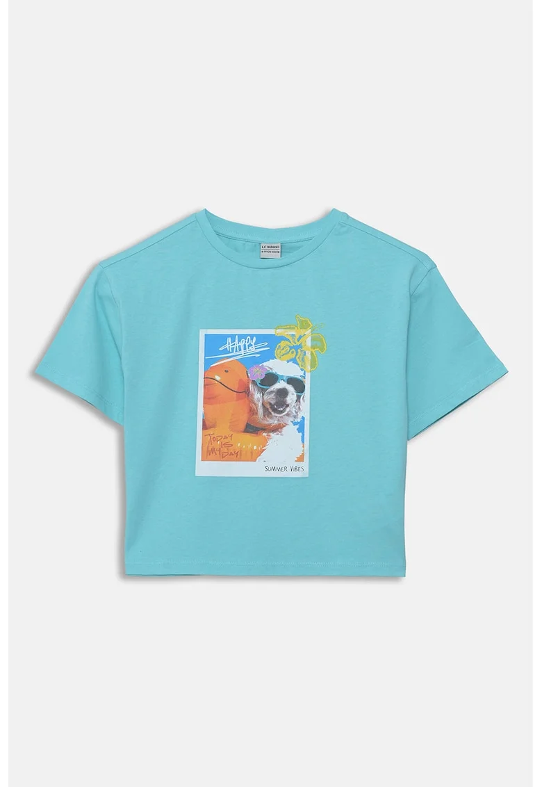 Tricou cu decolteu la baza gatului si imprimeu grafic, Portocaliu/Albastru