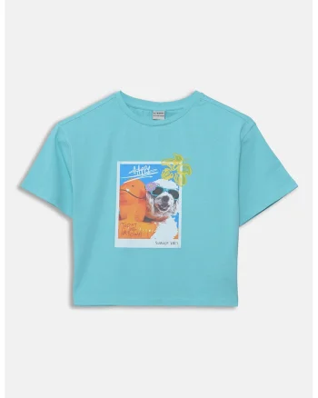 Tricou cu decolteu la baza gatului si imprimeu grafic, Portocaliu/Albastru
