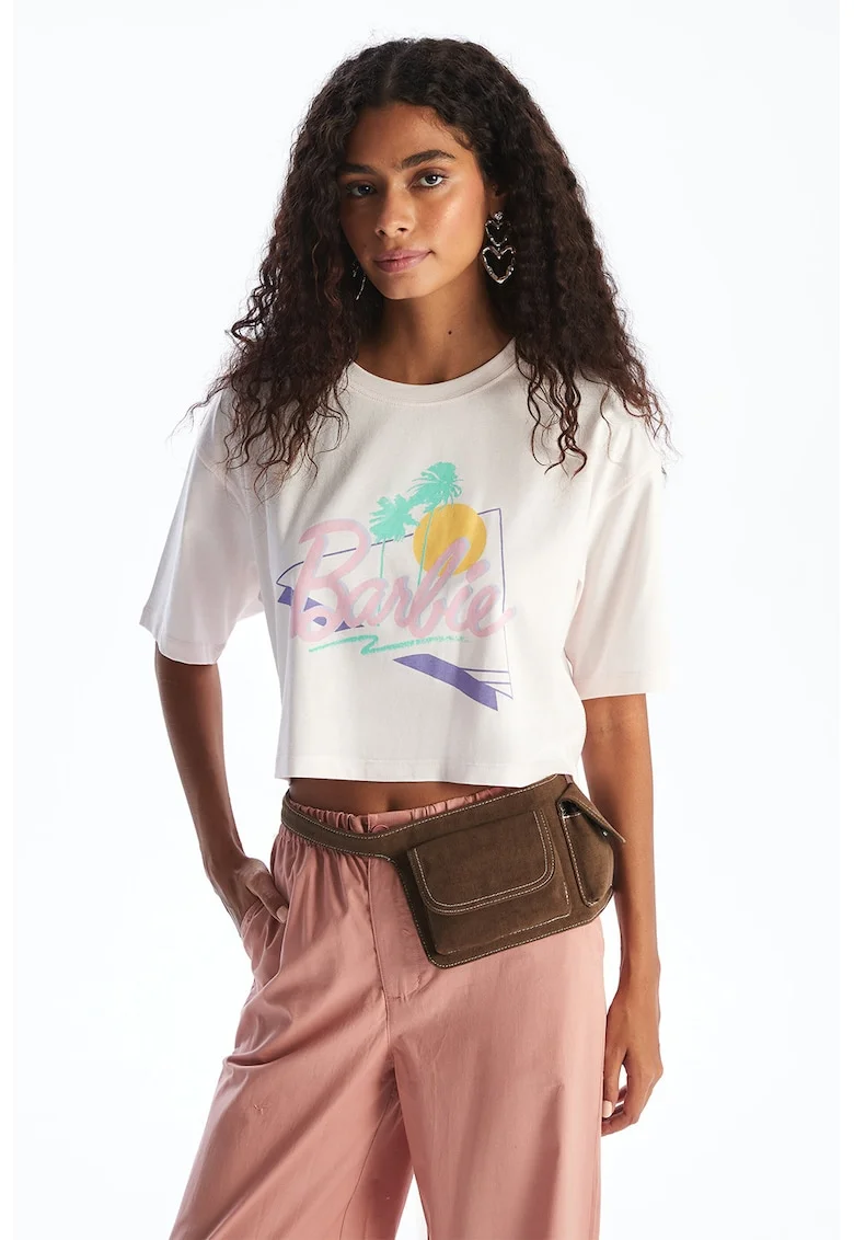 Tricou crop de bumbac Barbie, Roz pastel