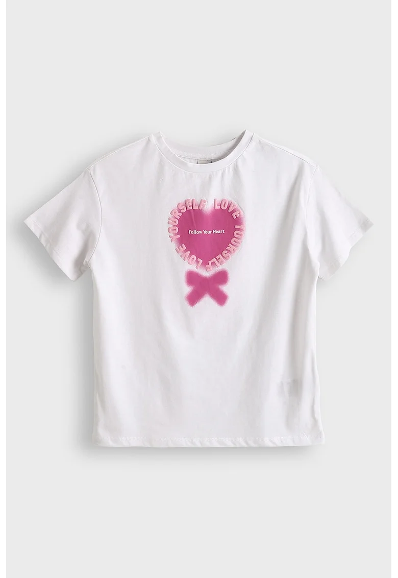 Tricou cu decolteu la baza gatului si model grafic, Alb/Roz