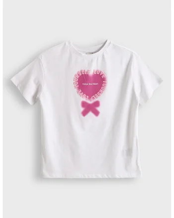 Tricou cu decolteu la baza gatului si model grafic, Alb/Roz
