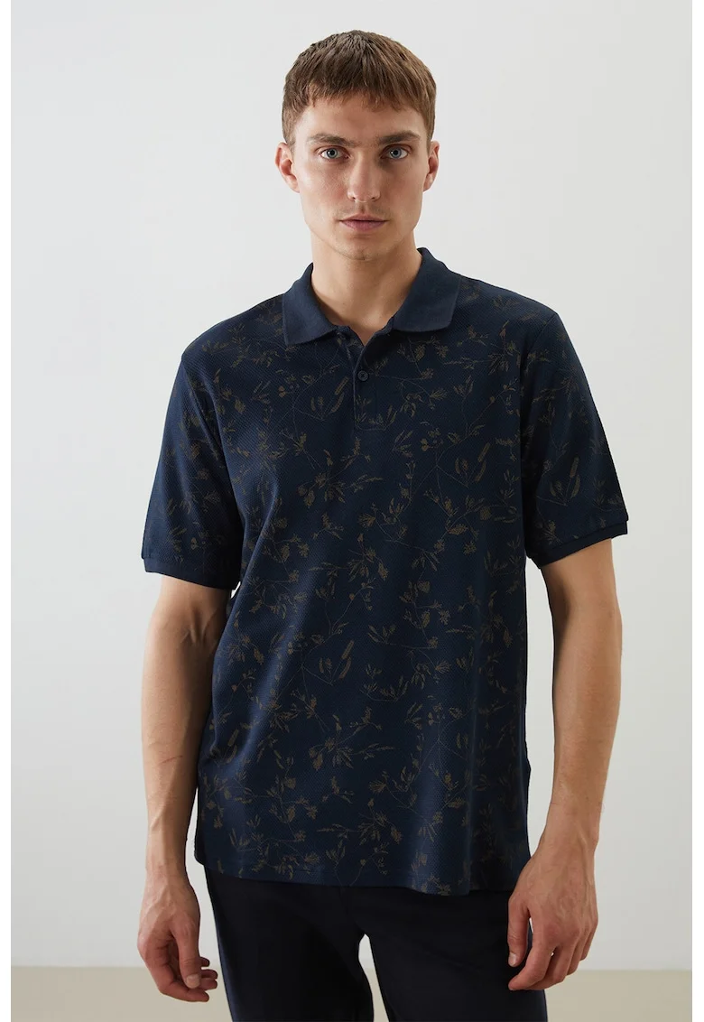 Tricou polo cu model cu frunze, Maro/Albastru ultramarin