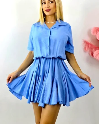 Rochie scurta, de zi, Peony, cu volum si volane, Blue, Marime S/M