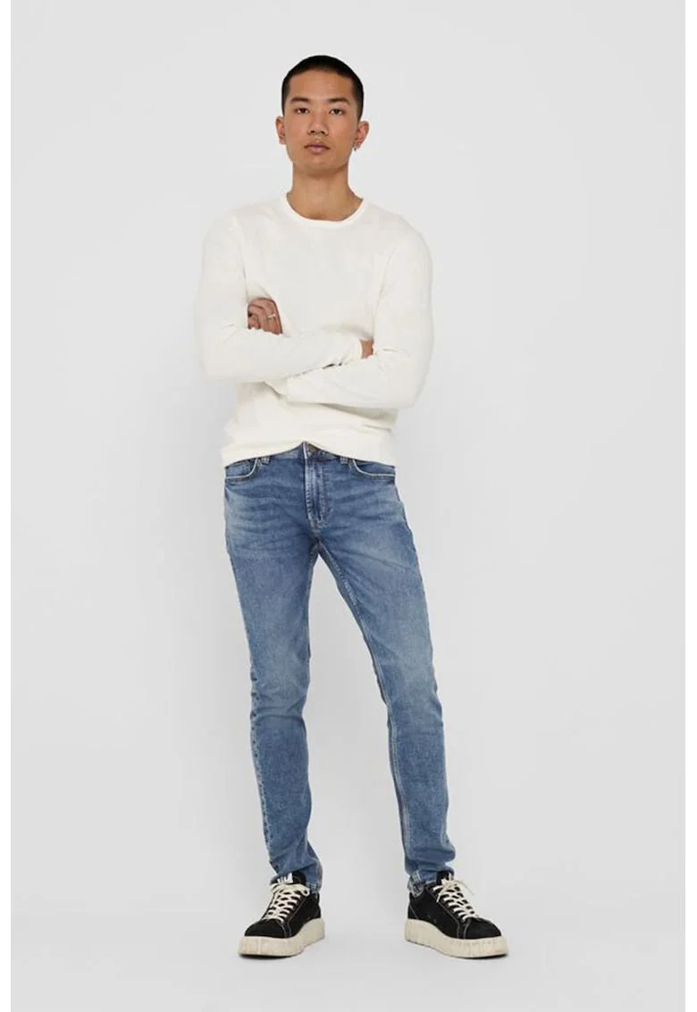 Blugi slim fit cu aspect decolorat, Albastru inchis/Albastru deschis