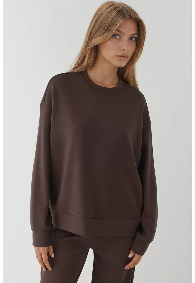 Hanorac dama  decolteu rotund, textil, maro cognac