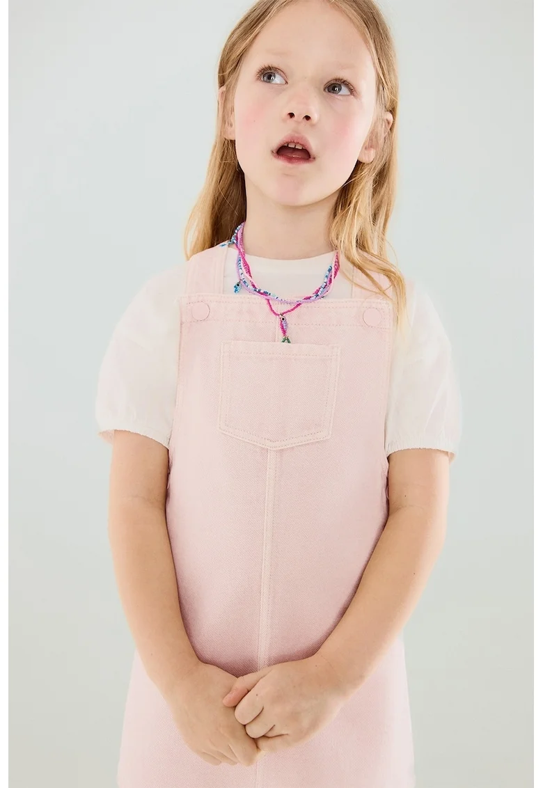 Sarafan din denim cu buzunar frontal, Roz pastel