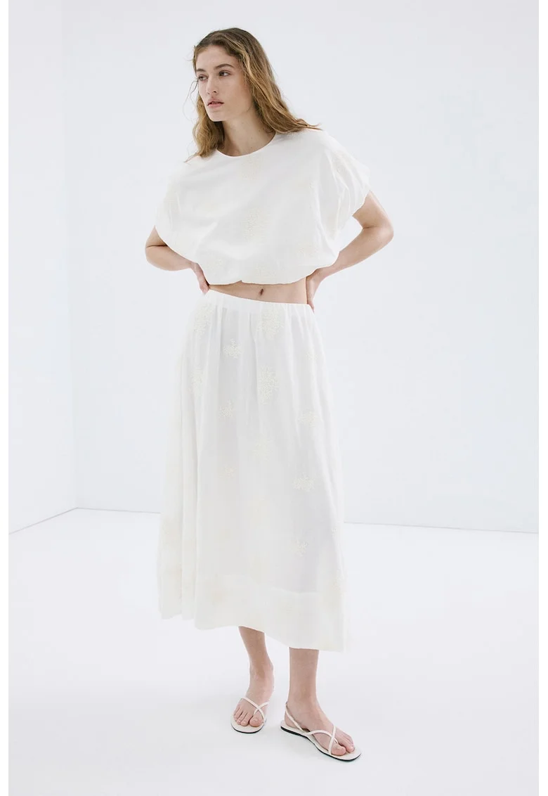 Fusta midi de bumbac cu broderie, Alb