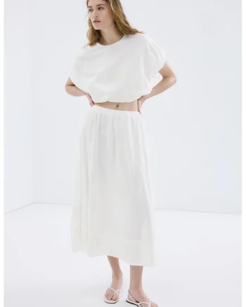 Fusta midi de bumbac cu broderie, Alb