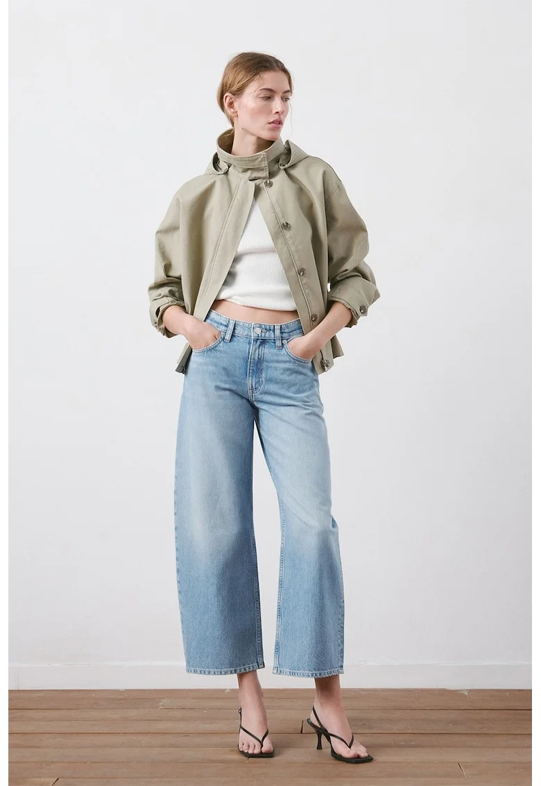 Blugi crop balloon fit cu aspect decolorat, Albastru deschis