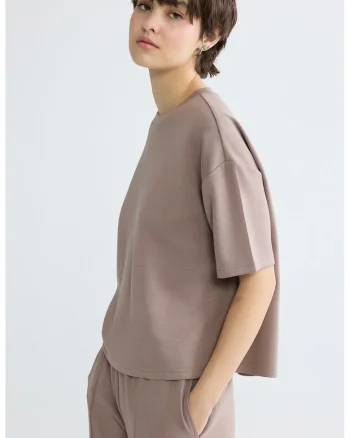 Tricou cu decolteu la baza gatului si maneci cazute, Maro taupe