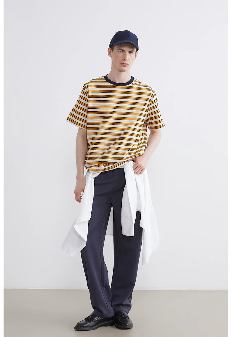 Tricou din bumbac cu dungi, Galben miere/Bej