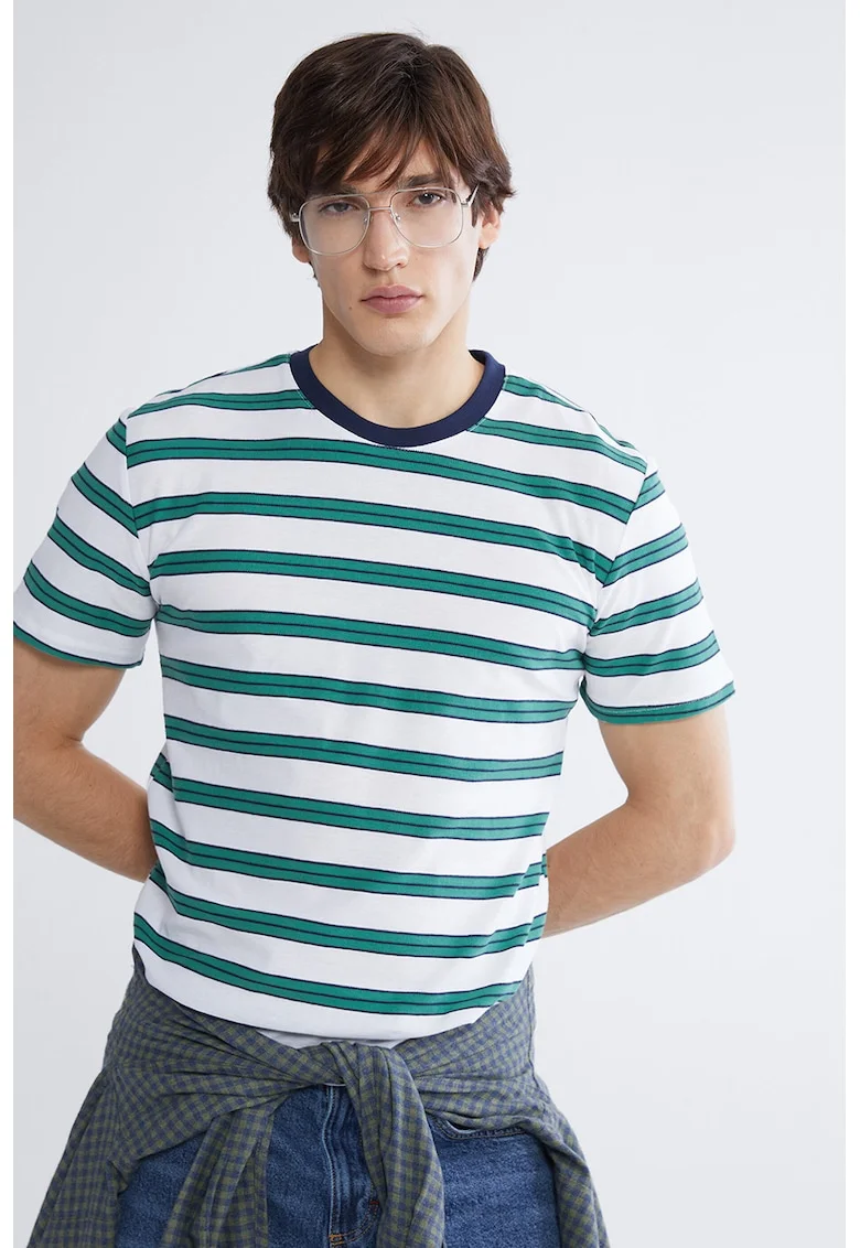 Tricou din bumbac cu dungi, Alb/Verde padure