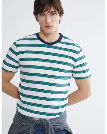 Tricou din bumbac cu dungi, Alb/Verde padure
