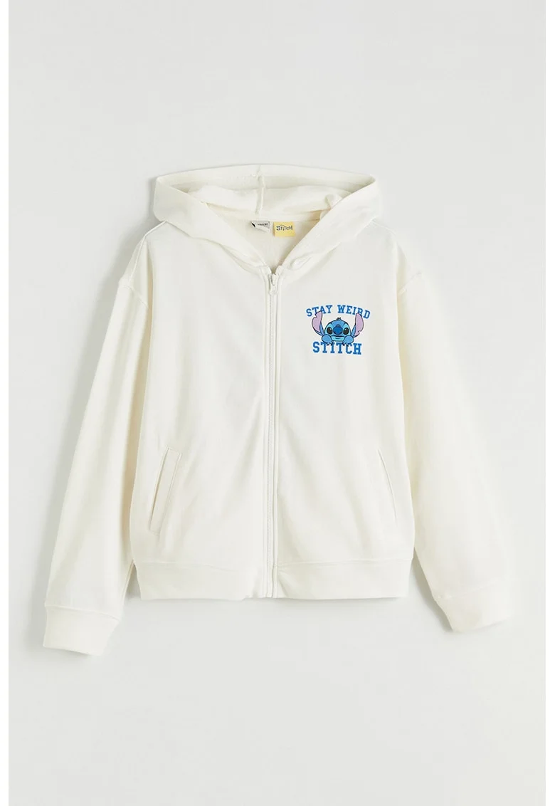 Hanorac cu fermoar si imprimeu cu Stitch, Albastru neon/Bej deschis