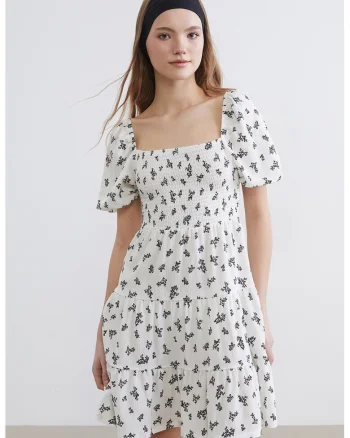 Rochie scurta cu decolteu patrat si segment elasticat, Alb/Negru