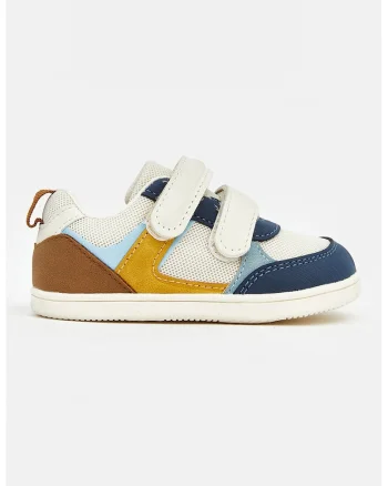 Pantofi sport cu inchidere velcro si insertii din plasa, Maro/Albastru oceanic/Alb murdar
