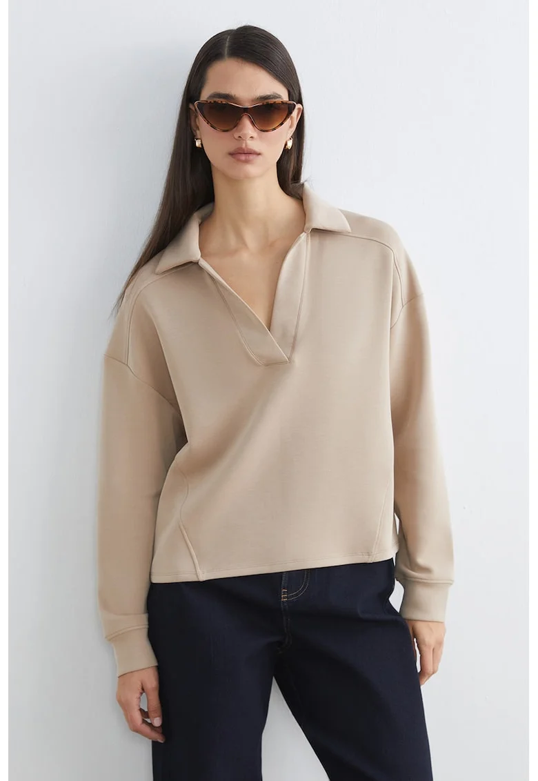 Bluza de trening cu croiala lejera si maneci cazute, Bej inchis