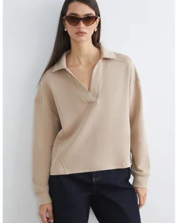 Bluza de trening cu croiala lejera si maneci cazute, Bej inchis