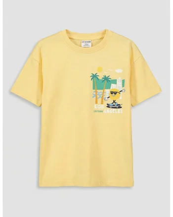 Tricou din bumbac cu imprimeu grafic, Portocaliu deschis/Albastru
