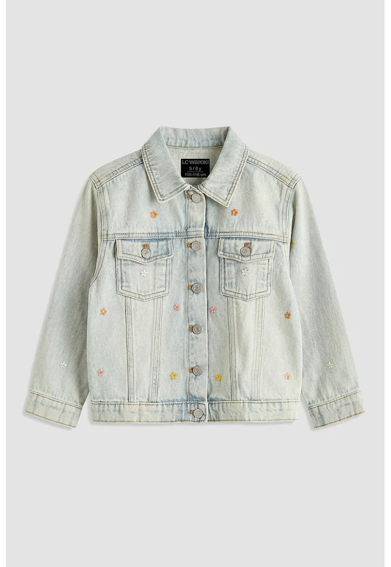 Jacheta din denim cu broderie florala, Albastru deschis melange