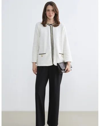 Cardigan cu aspect texturat, fara inchidere, Alb fildes/Negru