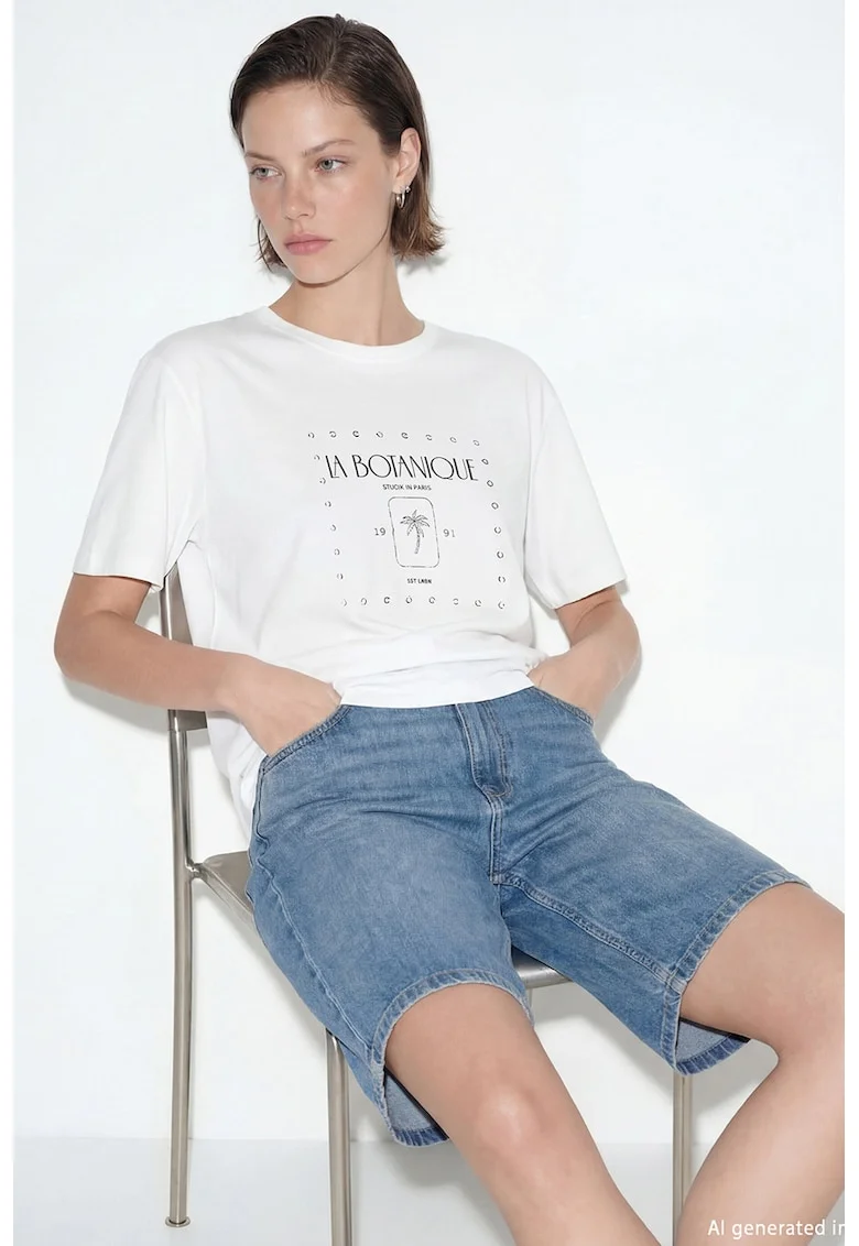 Tricou cu imprimeu text Vision, Alb/Negru