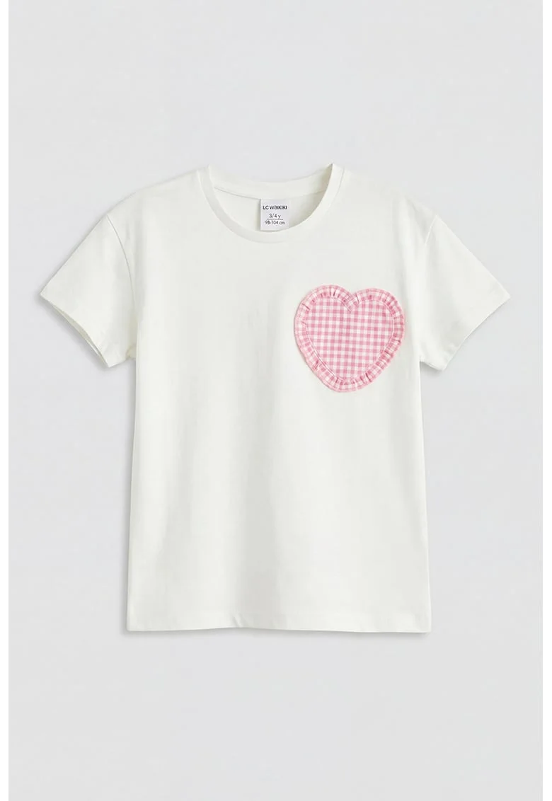 Tricou cu aplicatie inima, Alb murdar/Roz