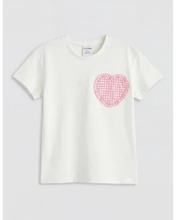 Tricou cu aplicatie inima, Alb murdar/Roz