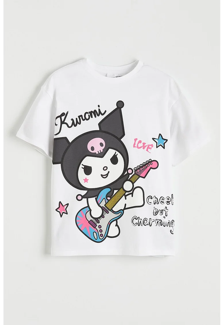 Tricou cu decolteu la baza gatului si imprimeu grafic, Alb/Roz pastel/Gri inchis
