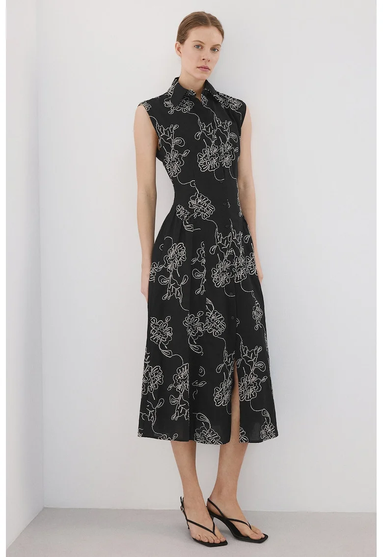 Rochie-camasa cu model floral, fara maneci, Negru/Alb murdar