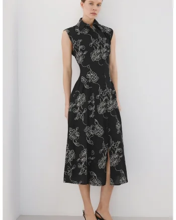 Rochie-camasa cu model floral, fara maneci, Negru/Alb murdar
