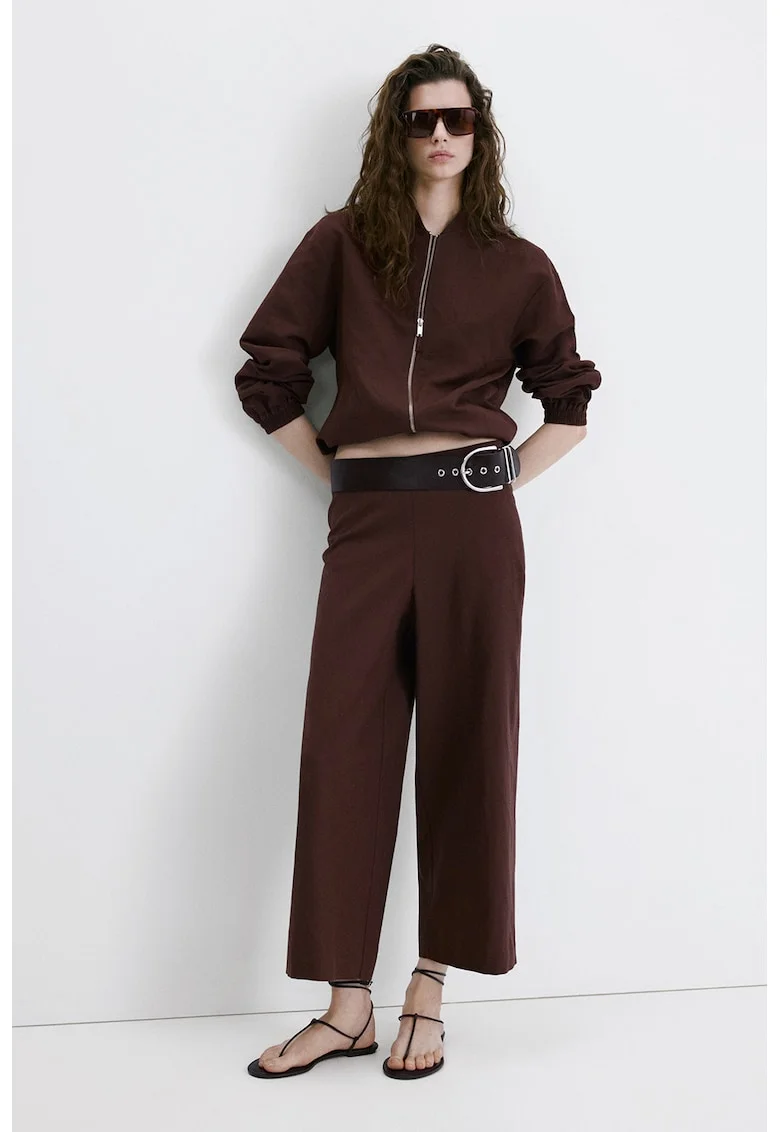 Pantaloni crop drepti din amestec de in, Maro cognac