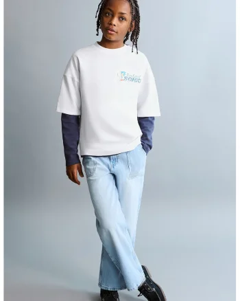 Tricou cu maneci cazute si imprimeu Sonic, Alb/Galben/Albastru royal/Rosu vermillion/Bleumarin