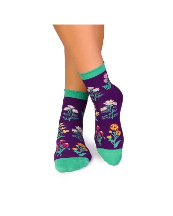Sosete bumbac de lungime medie, model floral, Violet
