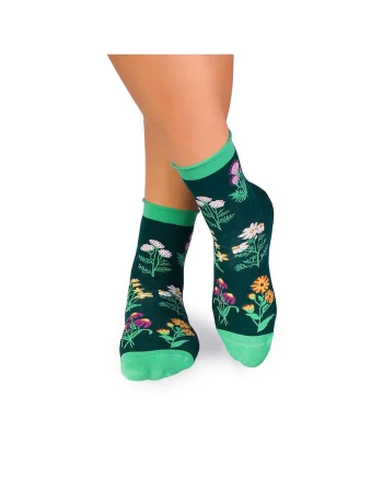 Sosete bumbac de lungime medie, model floral, Verde Inchis, Multicolor
